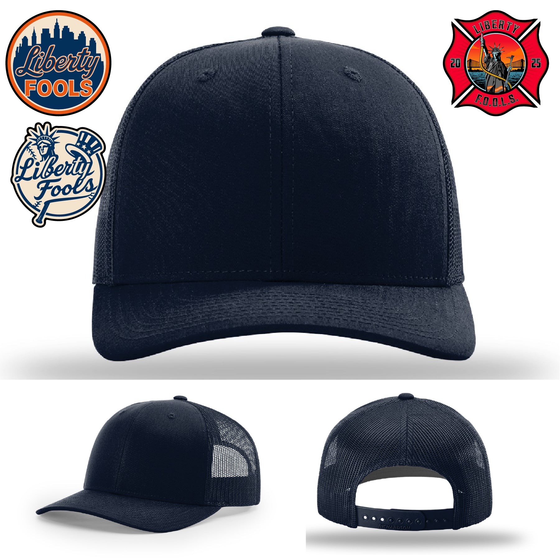 Liberty City FOOLS firefighter hat logo variants – Richardson hat mockup with FOOLS logo variations.