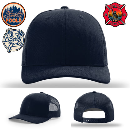 Liberty City FOOLS firefighter hat logo variants – Richardson hat mockup with FOOLS logo variations.