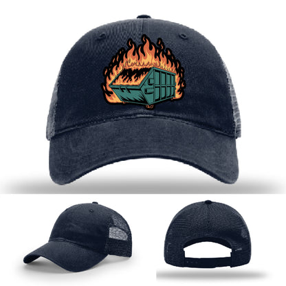 Custom patch hat capturing the dumpster fire vibe showcasing your sense of humor – ironic gear with real leather patch