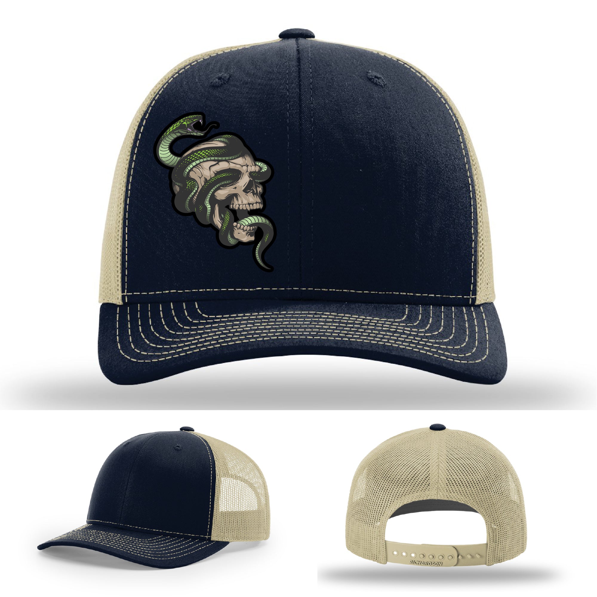 Custom Richardson hat with leather patch featuring skull and green snake design – dark streetwear style.