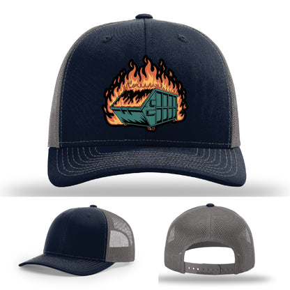 Relatable dumpster fire leather patch hat design a bold reminder of real-life disasters – when your week feels like a blaze