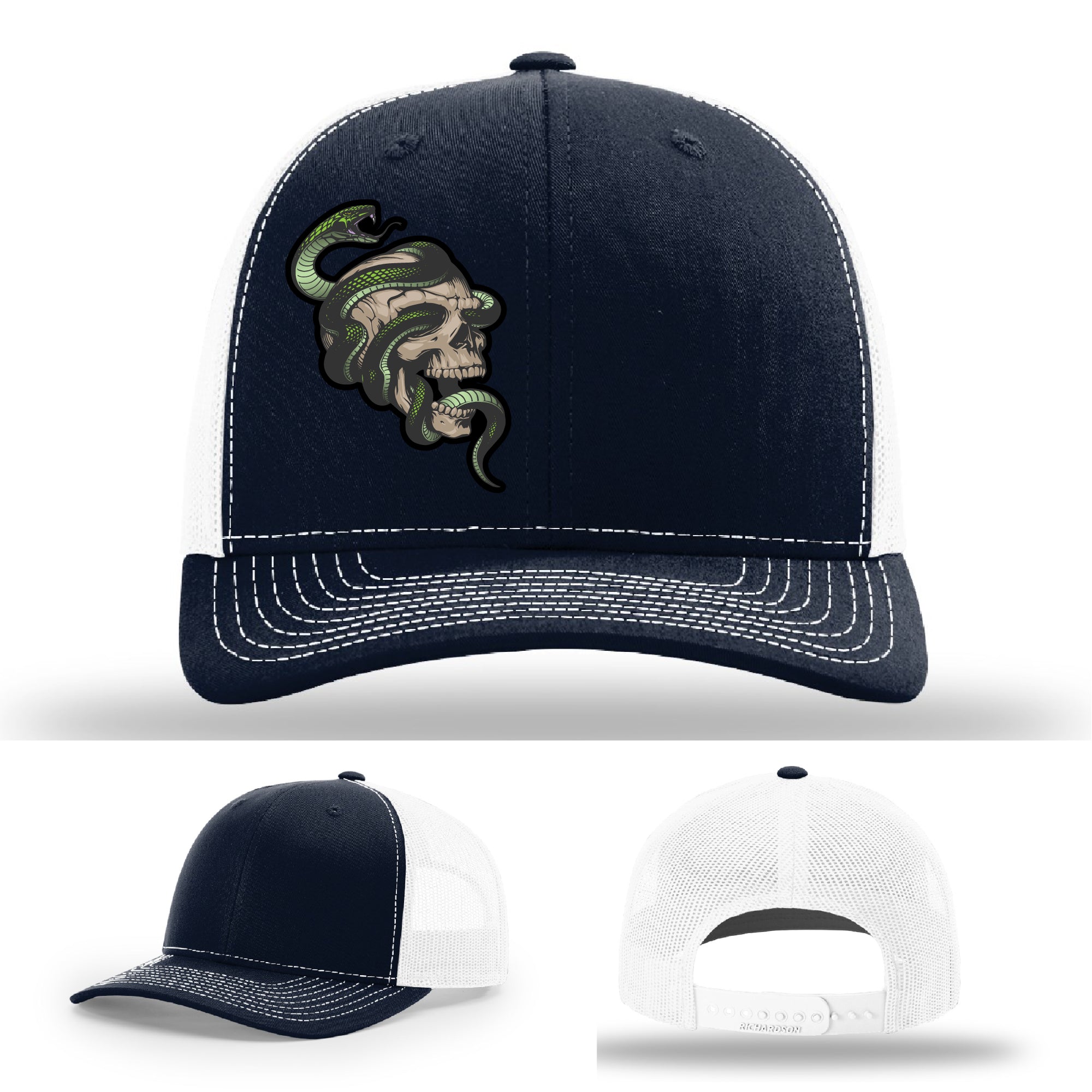 Custom Richardson hat with leather patch featuring skull and green snake design – dark streetwear style.