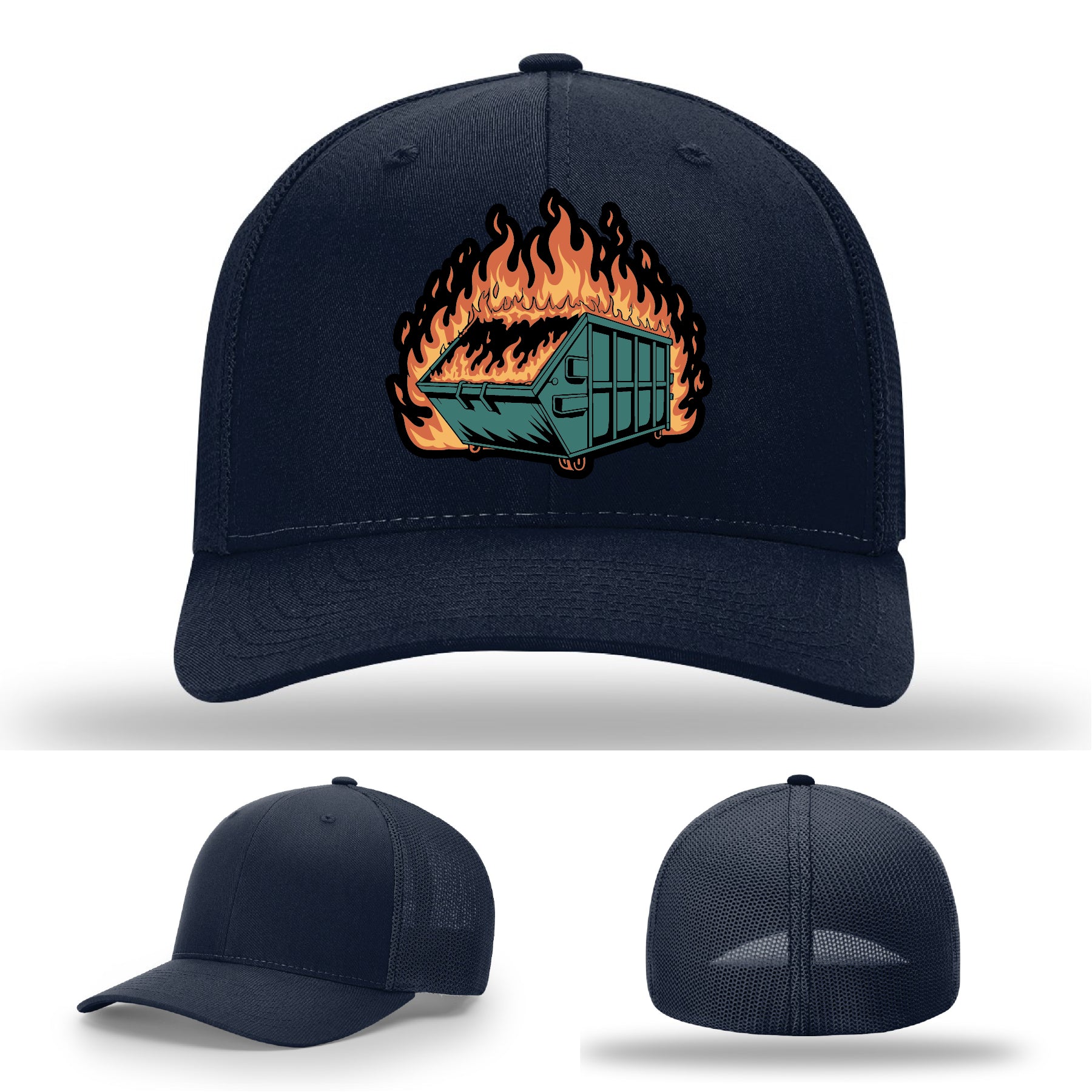Funny leather patch hat featuring dumpster fire artwork great for sarcastic personalities – a conversation starter in leather