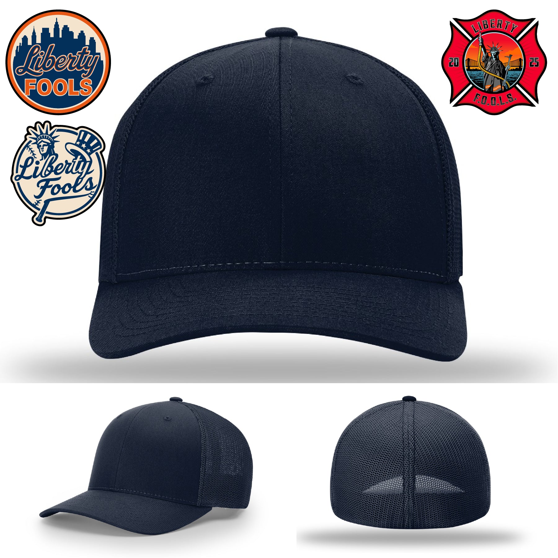 Liberty City FOOLS firefighter hat logo variants – display includes skyline, shield, and torch icons.