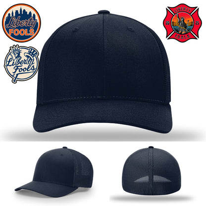 Liberty City FOOLS firefighter hat logo variants – display includes skyline, shield, and torch icons.