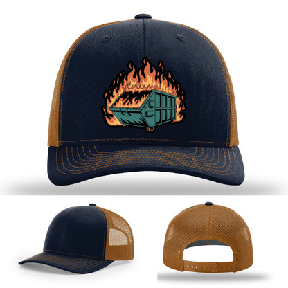 Custom leather patch hat with dumpster fire design perfect for embracing the chaos – custom made and fully relatable