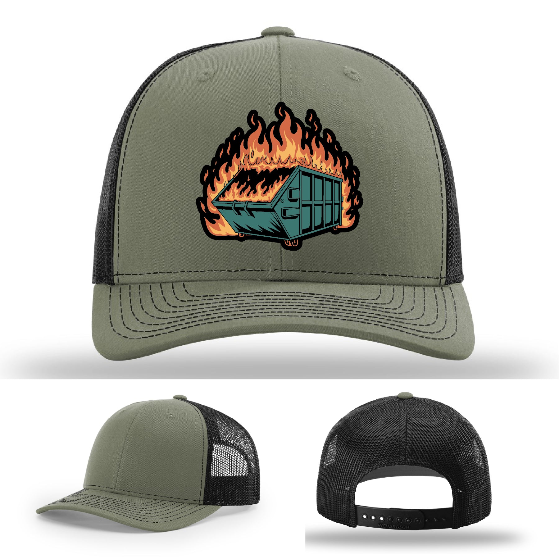Custom patch hat capturing the dumpster fire vibe showcasing your sense of humor – ironic gear with real leather patch