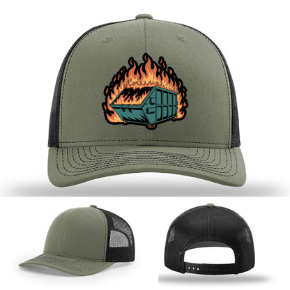 Custom patch hat capturing the dumpster fire vibe showcasing your sense of humor – ironic gear with real leather patch