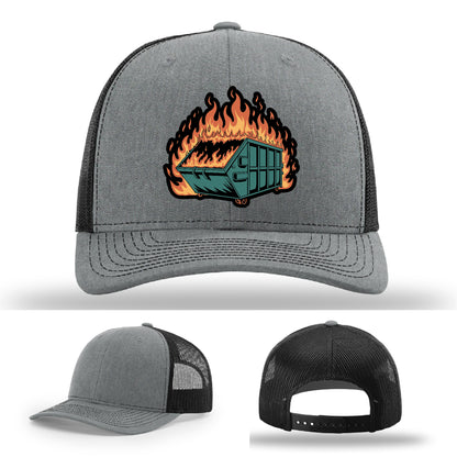 Humorous custom hat with dumpster fire patch crafted for sarcastic style – sharp, clean, and chaotic