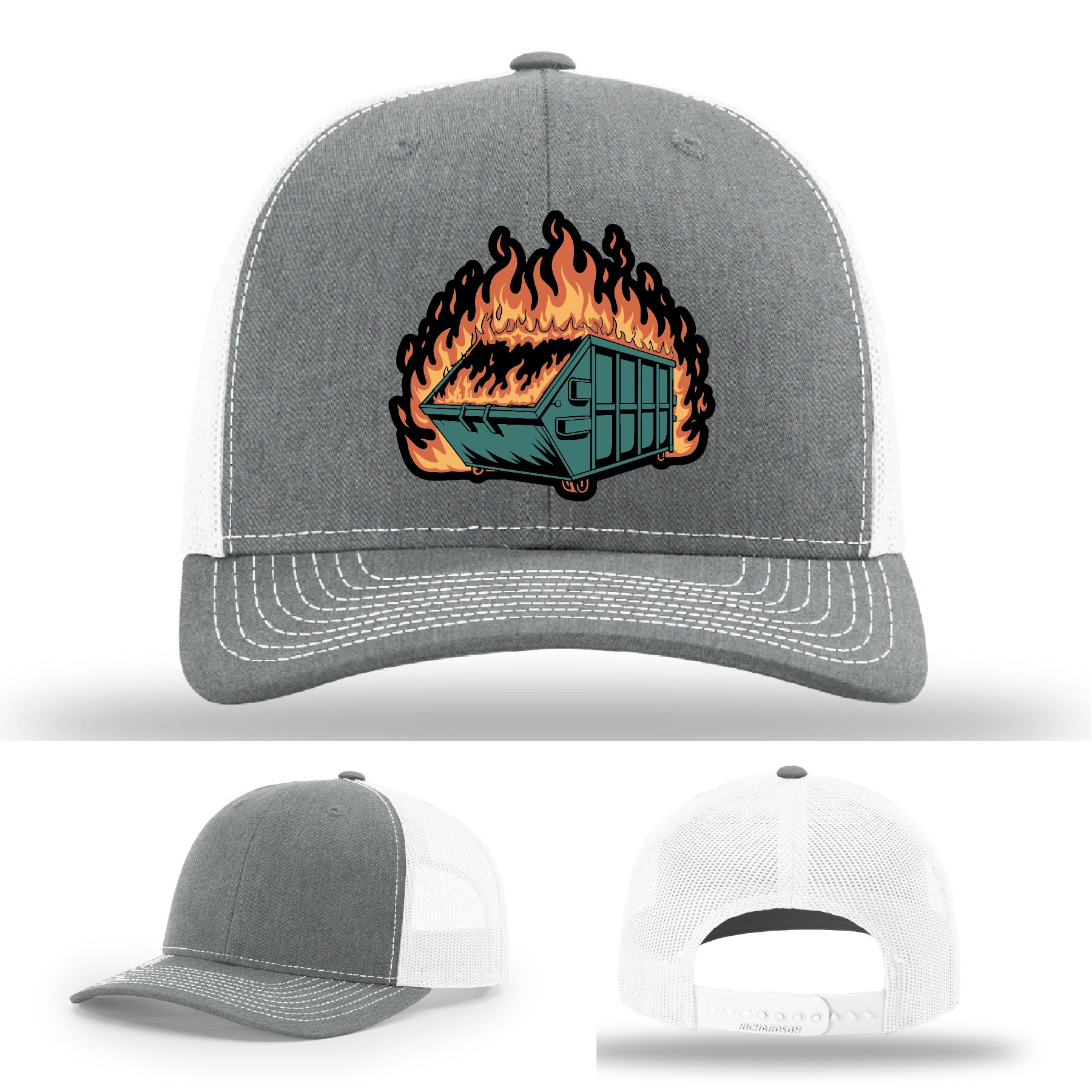 Dumpster fire themed leather patch hat built for maximum irony – built for people who get the joke