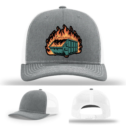 Dumpster fire themed leather patch hat built for maximum irony – built for people who get the joke