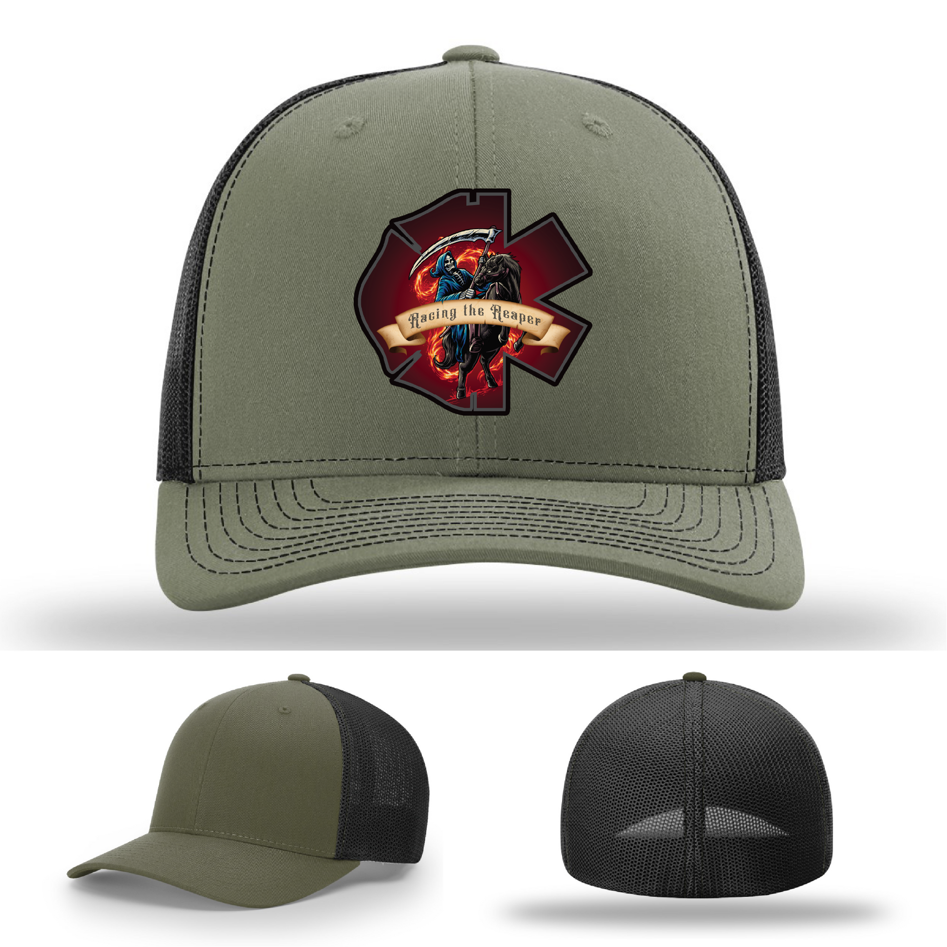 EMS themed patch variants – leather Grim Reaper logos on firefighter hats