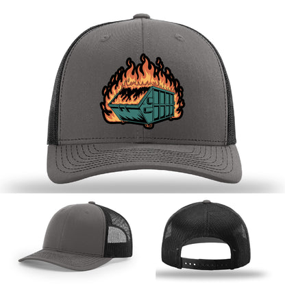 Custom leather patch hat with dumpster fire design perfect for embracing the chaos – custom made and fully relatable