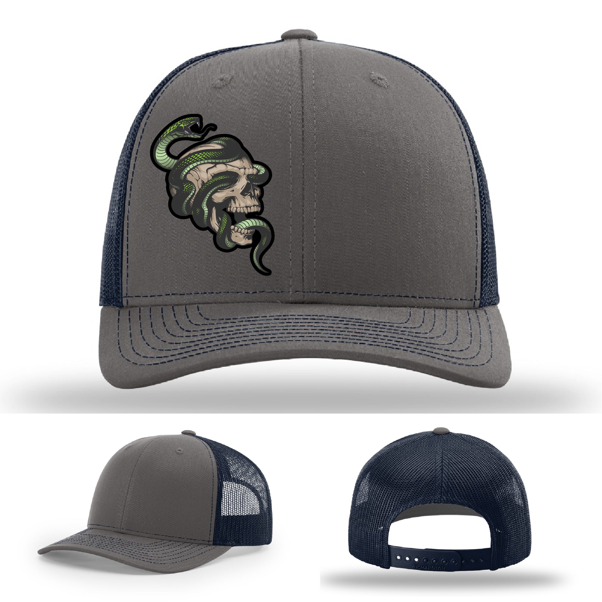 Custom Richardson hat with leather patch featuring skull and green snake design – dark streetwear style.