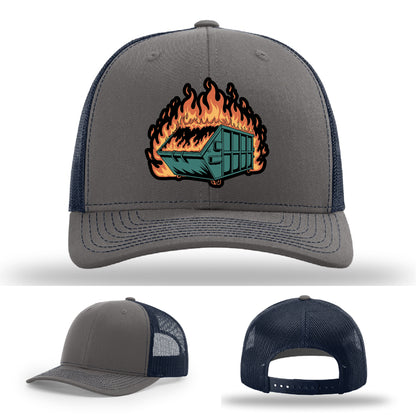 Relatable dumpster fire leather patch hat design a bold reminder of real-life disasters – when your week feels like a blaze