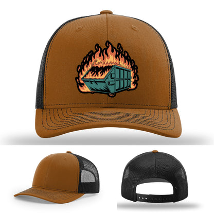 Humorous custom hat with dumpster fire patch crafted for sarcastic style – sharp, clean, and chaotic