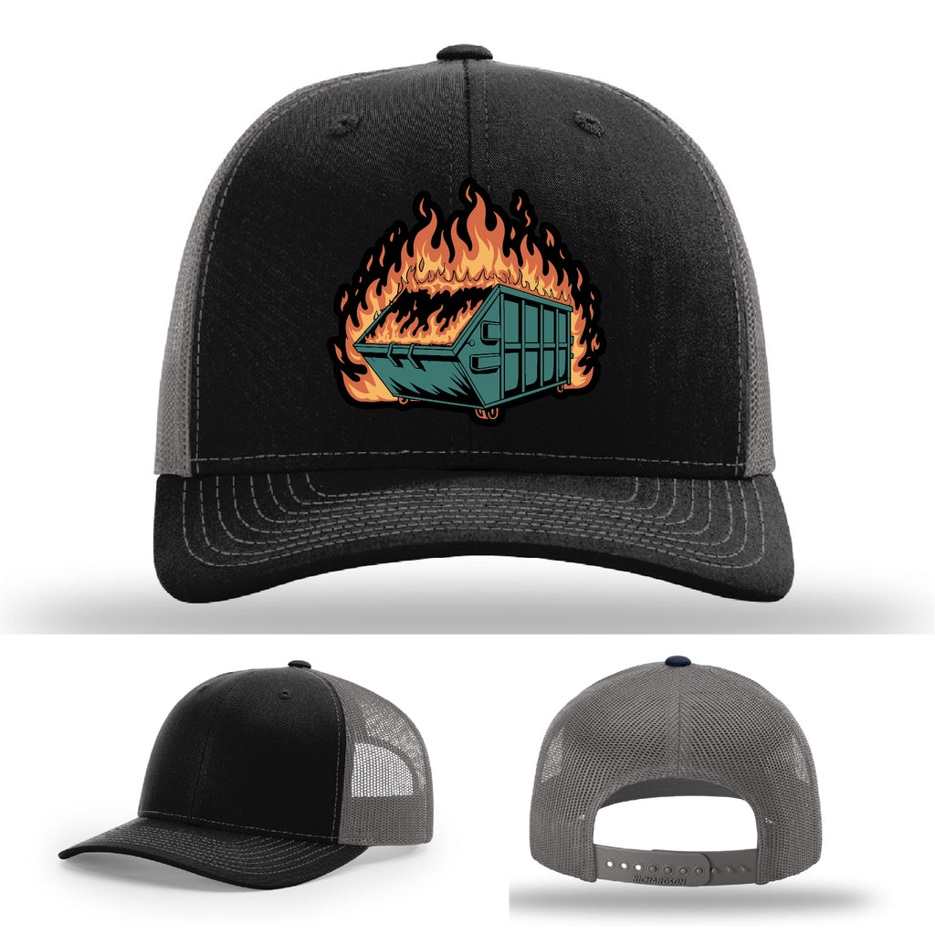 Flaming dumpster leather patch hat design