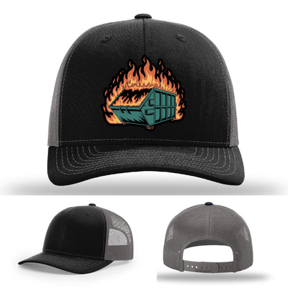 Dumpster fire themed leather patch hat built for maximum irony – built for people who get the joke