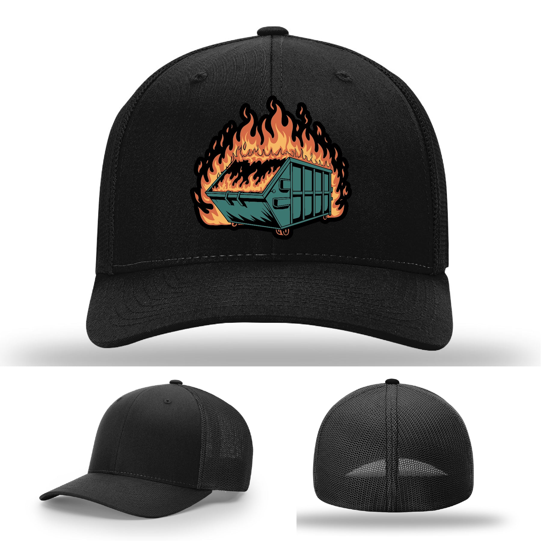 Funny leather patch hat featuring dumpster fire artwork great for sarcastic personalities – a conversation starter in leather