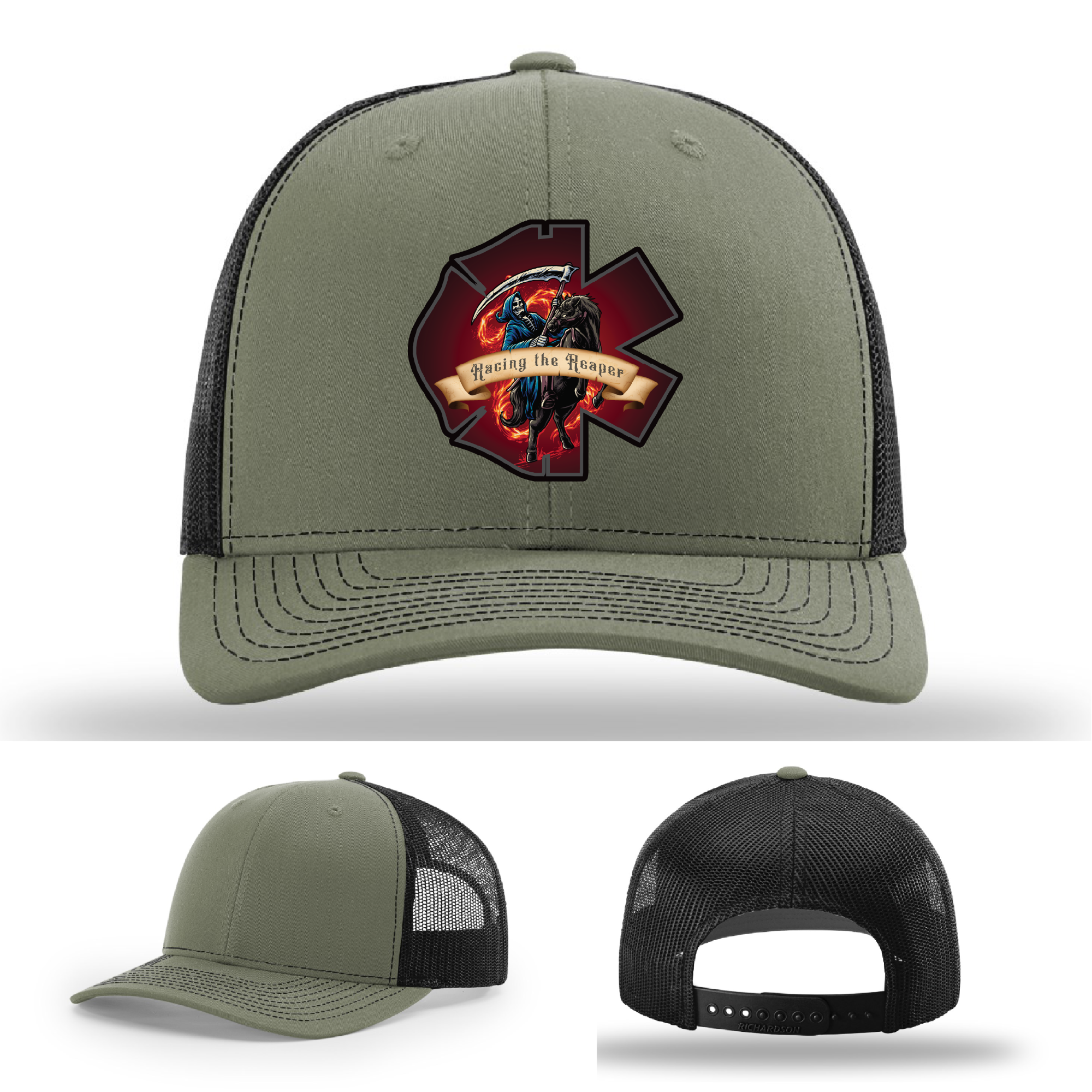 Racing the Reaper firefighter variants – leather patch logo designs on Richardson