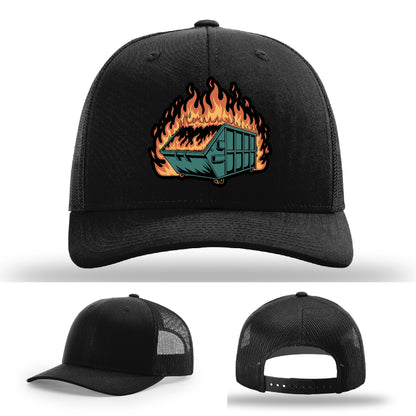 Custom leather patch hat with dumpster fire design perfect for embracing the chaos – custom made and fully relatable