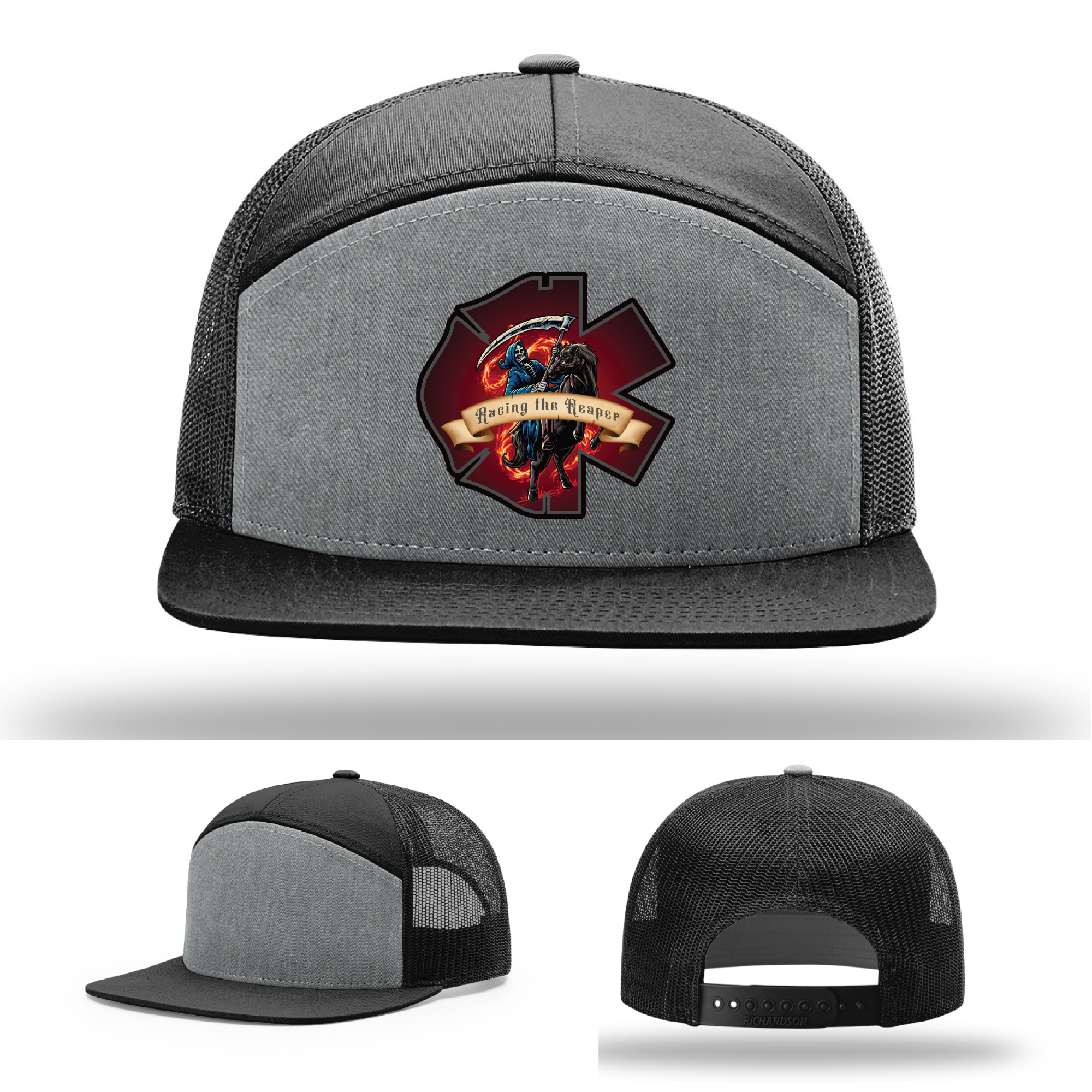 Grim Reaper patch hats – Racing the Reaper designs on firefighter leather logos