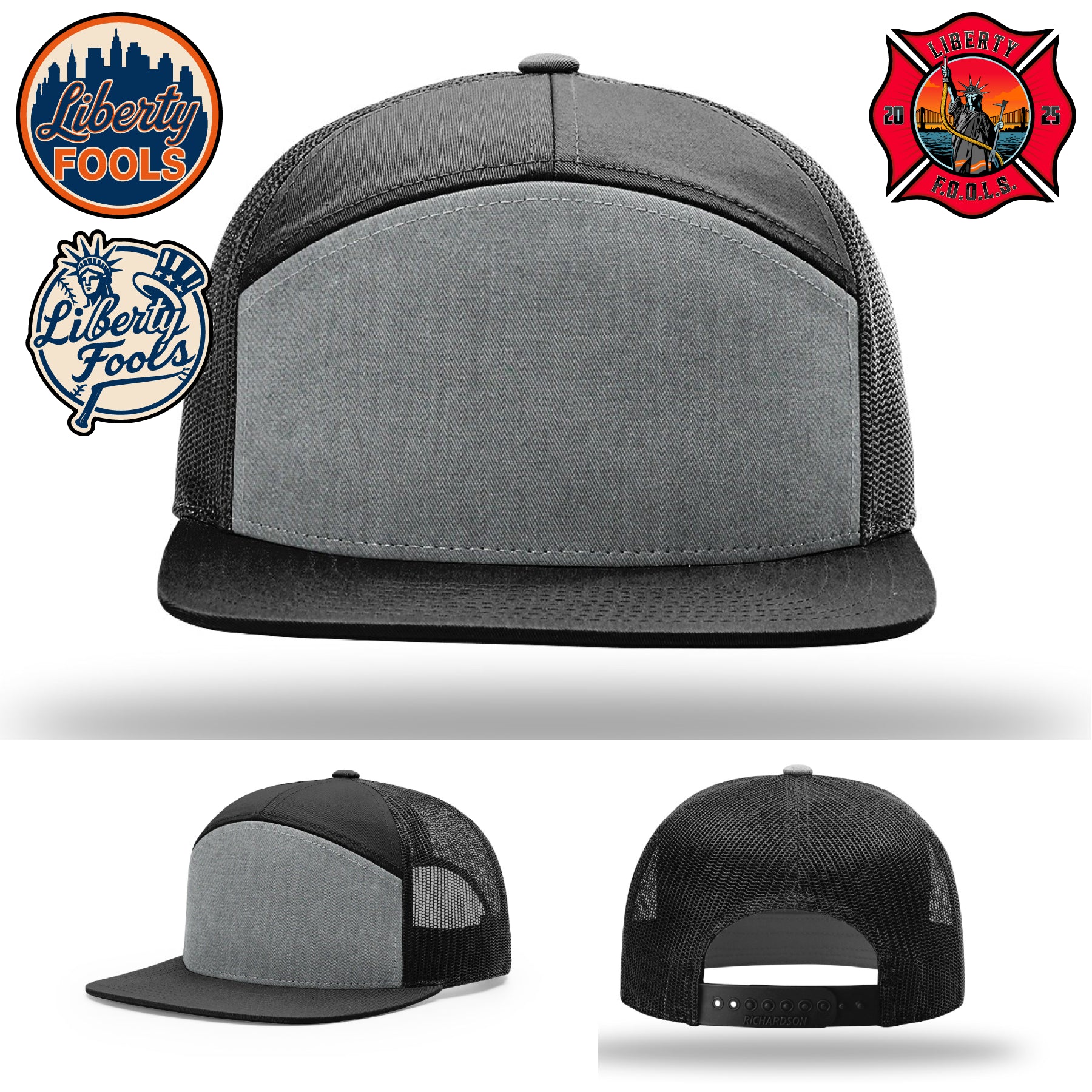 Liberty City FOOLS firefighter hat logo variants – hat layout samples with FOOLS logo choices.