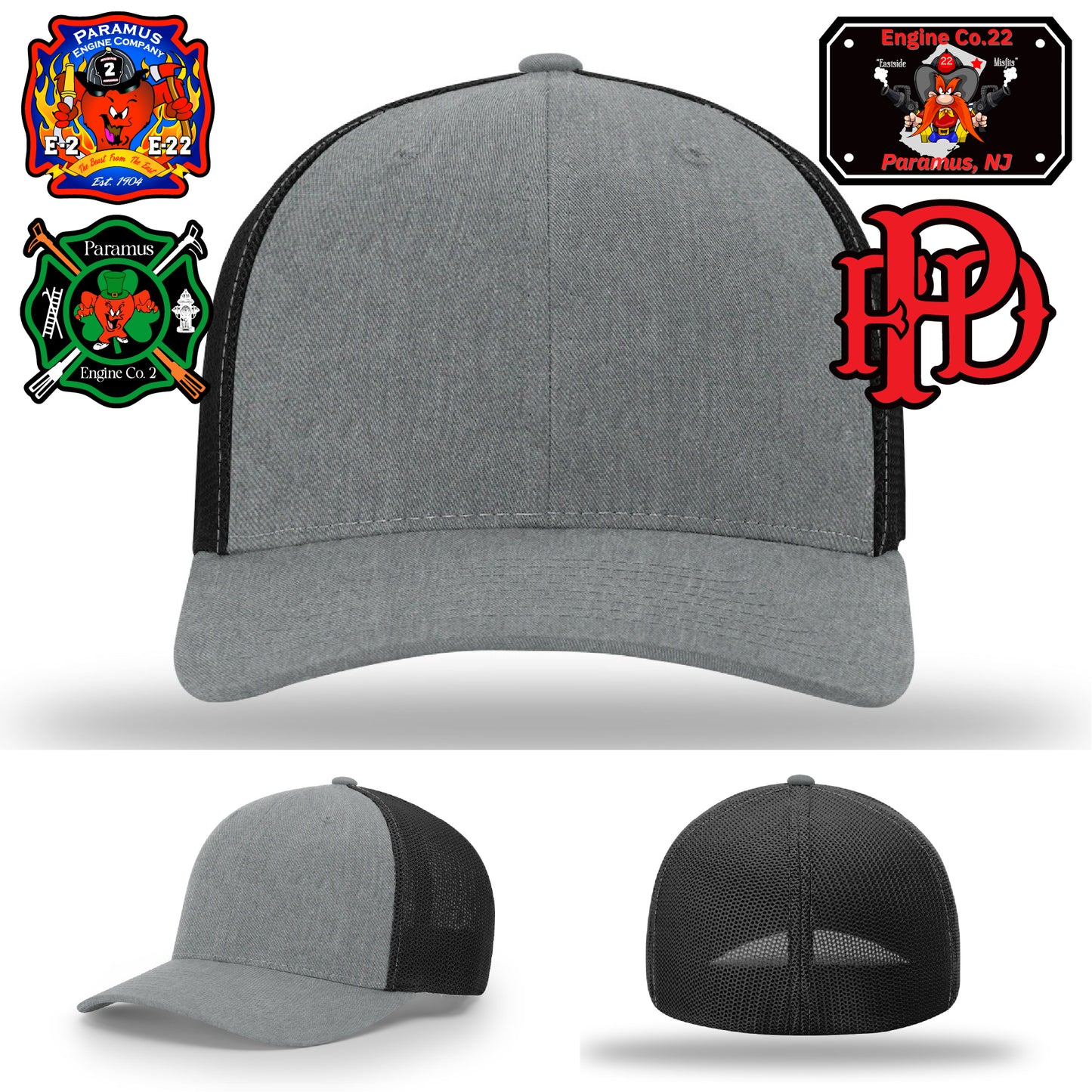 Firehouse crew hat with department mascot artwork patch
