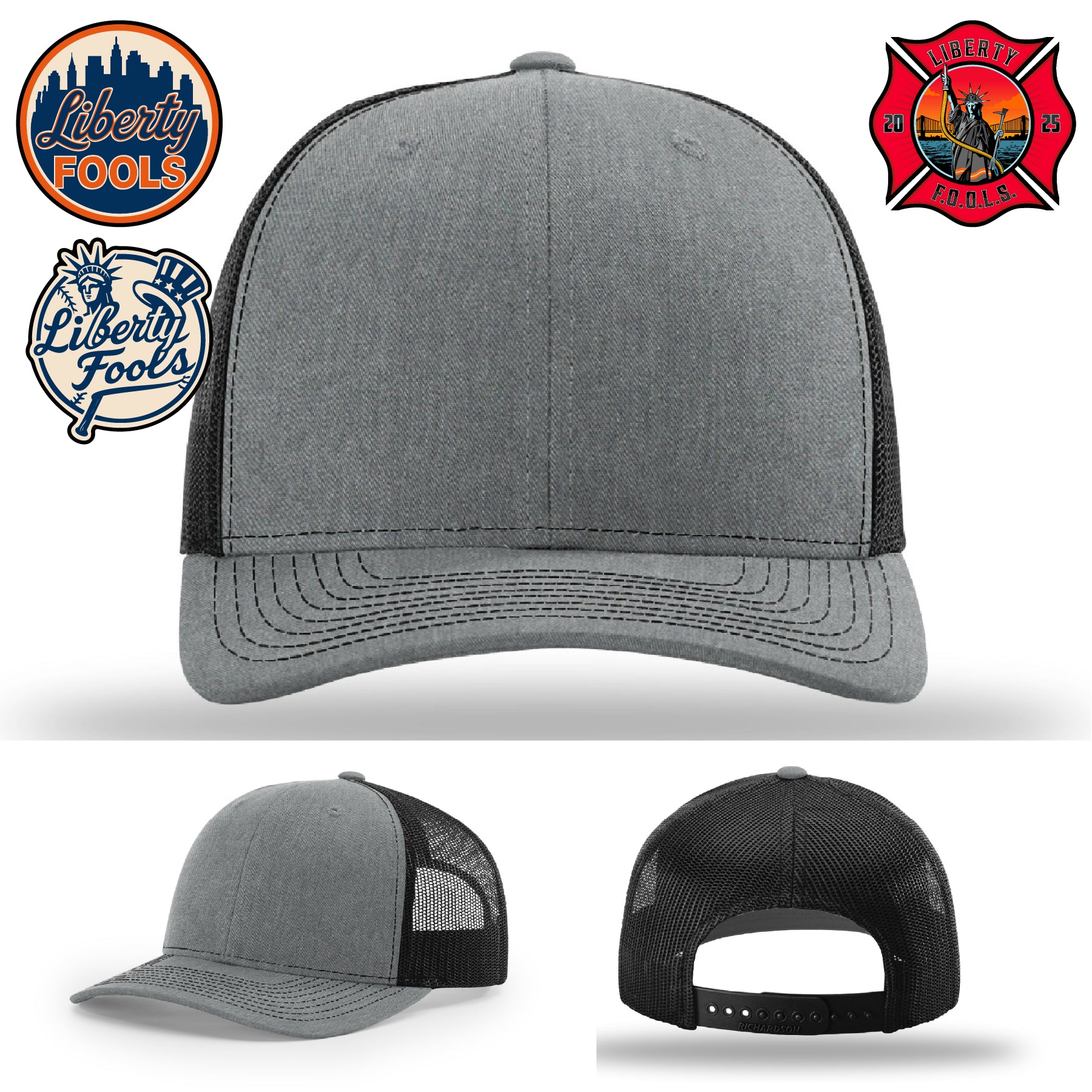 Liberty City FOOLS firefighter hat logo variants – patch shape and graphic style comparisons shown.
