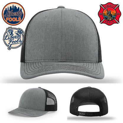 Liberty City FOOLS firefighter hat logo variants – patch shape and graphic style comparisons shown.