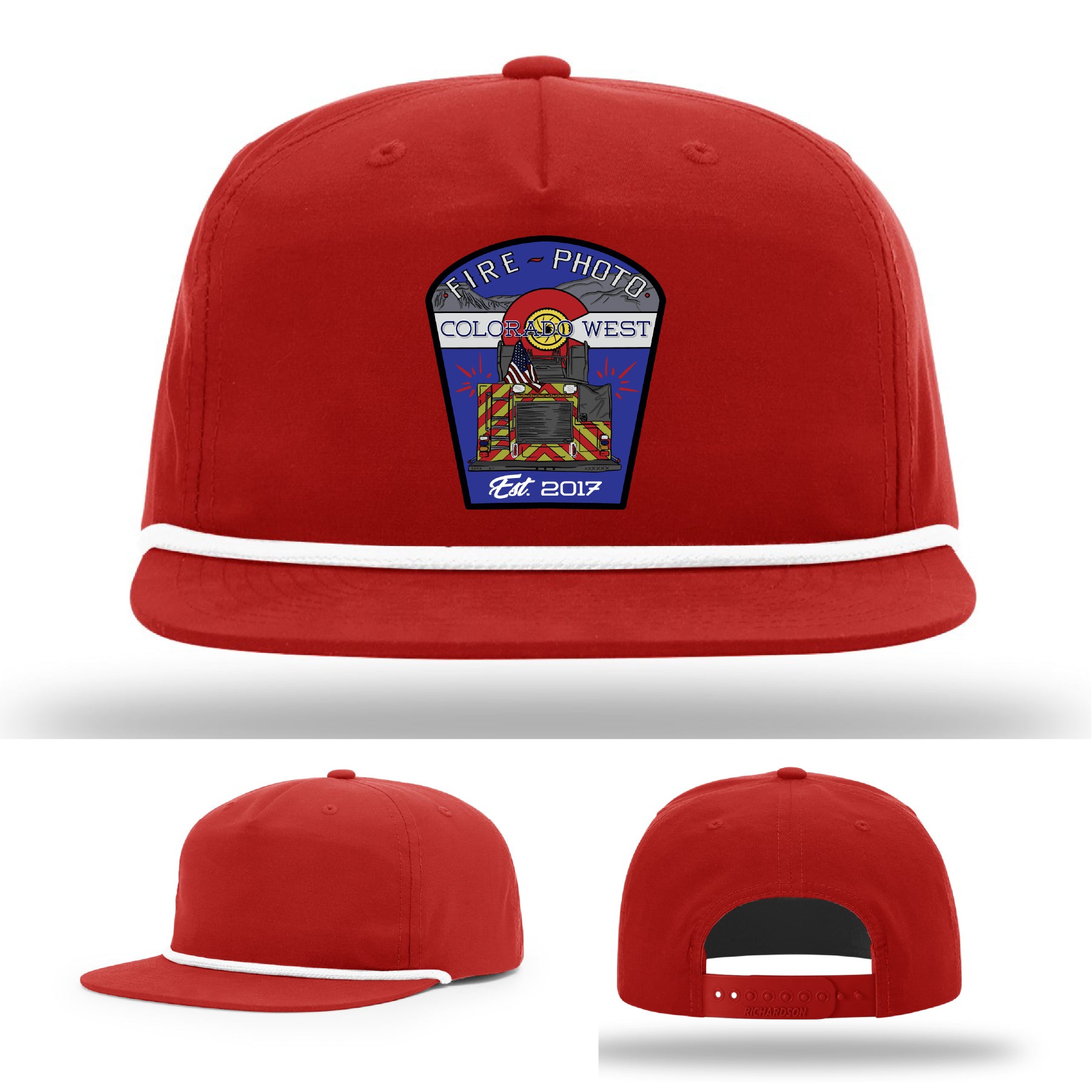 First responder hat showing patriotic fire helmet and hose layout – fire department leather patch hat