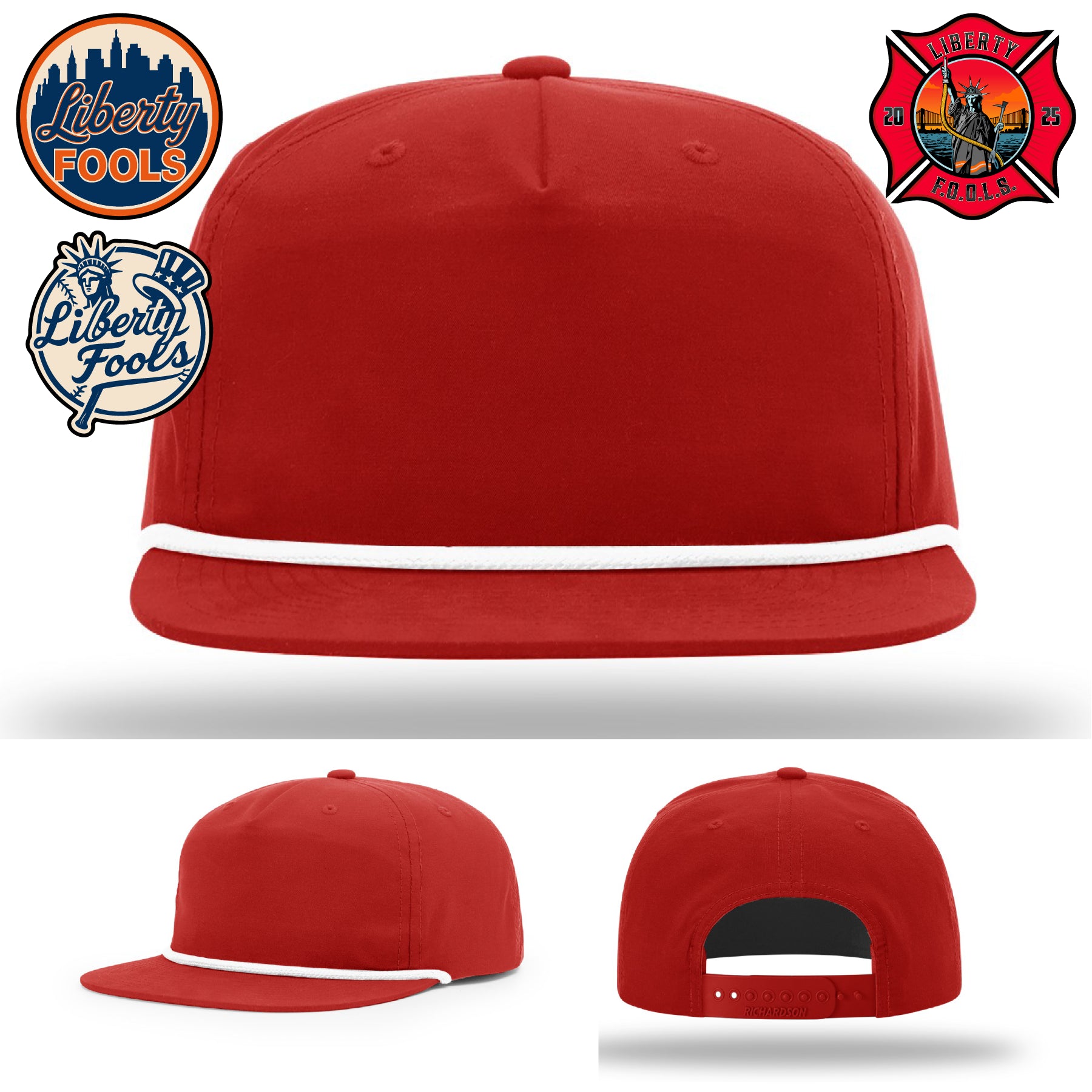 Liberty City FOOLS firefighter hat logo variants – Richardson hat with three FOOLS design options.