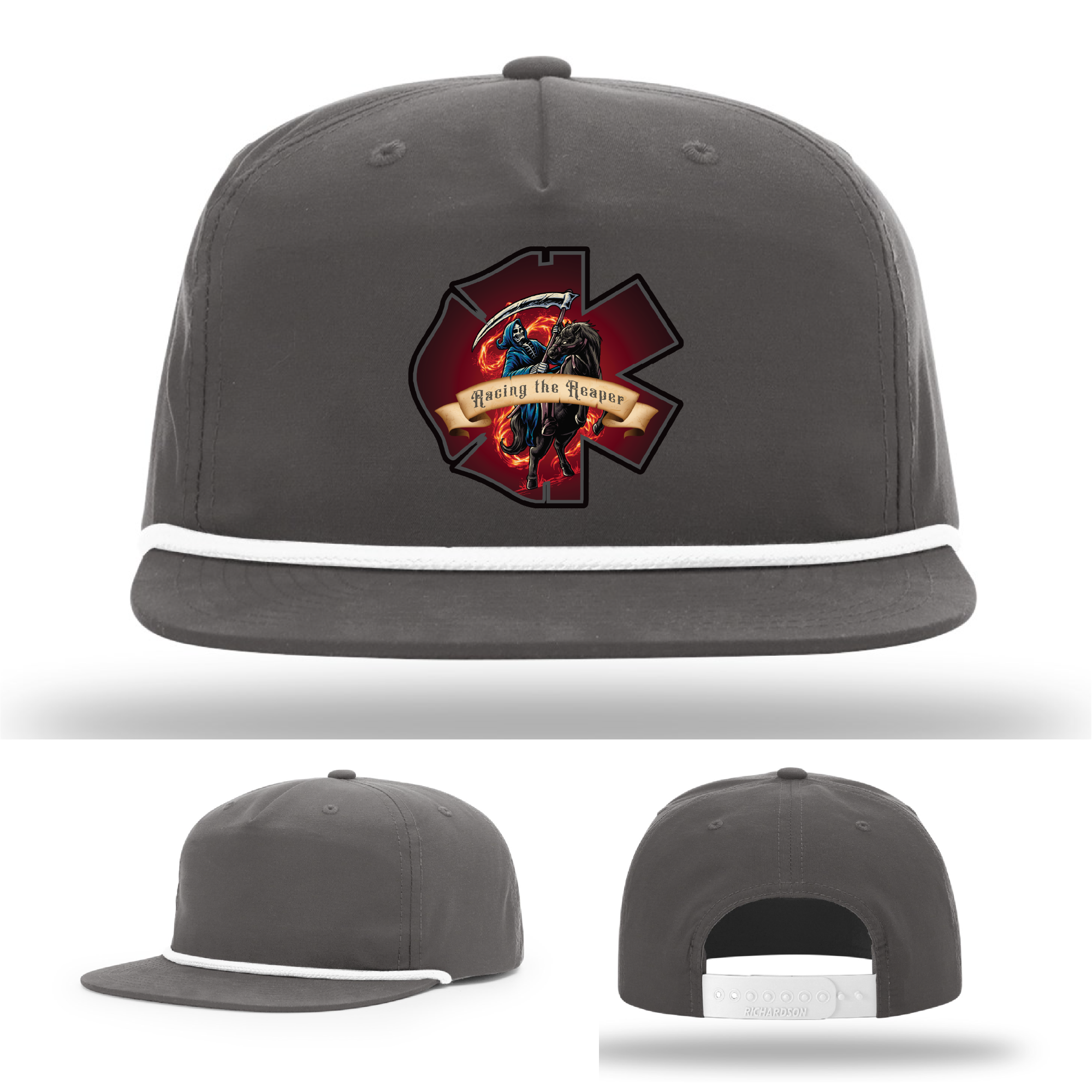 Grim Reaper leather patch options – firefighter hat variants with Racing the Reaper theme