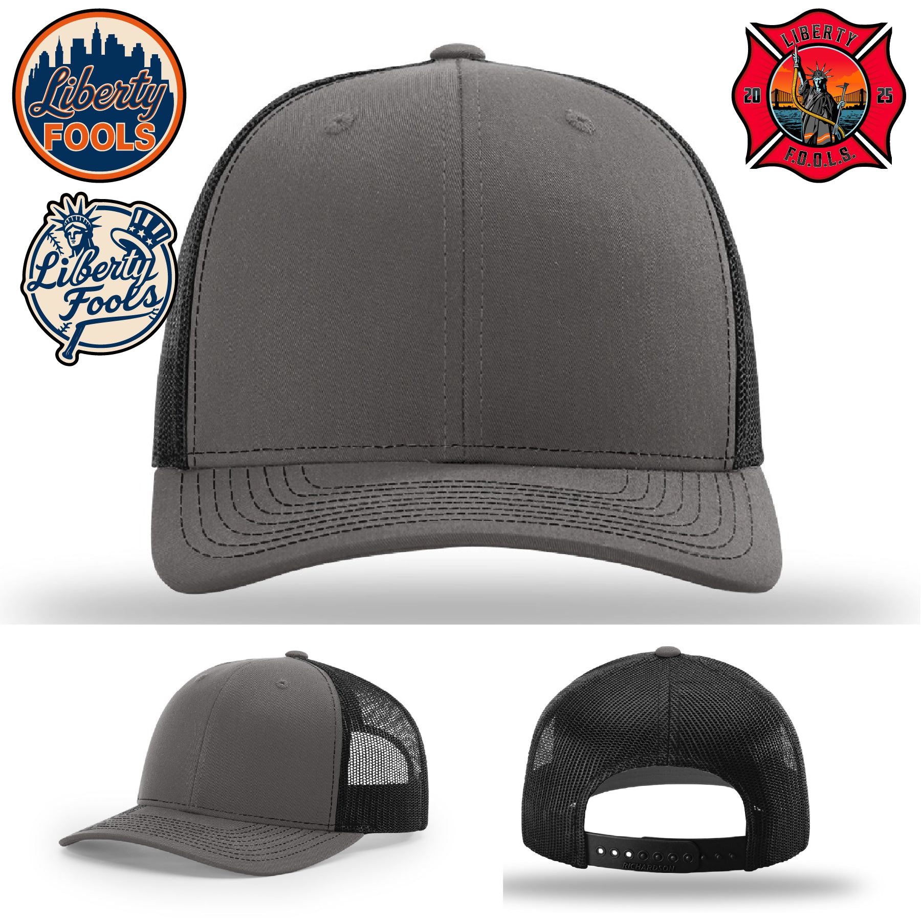 Liberty City FOOLS firefighter hat logo variants – design differences across FOOLS logo patches.