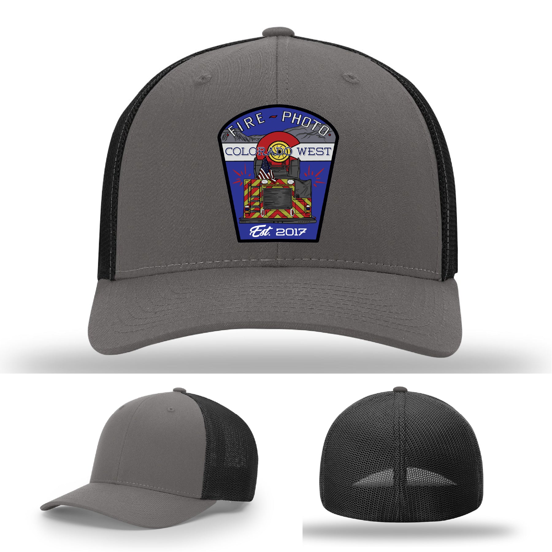 Custom leather firefighter hat showing full color fireground tribute patch – firefighter trucker hat