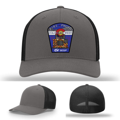 Custom leather firefighter hat showing full color fireground tribute patch – firefighter trucker hat