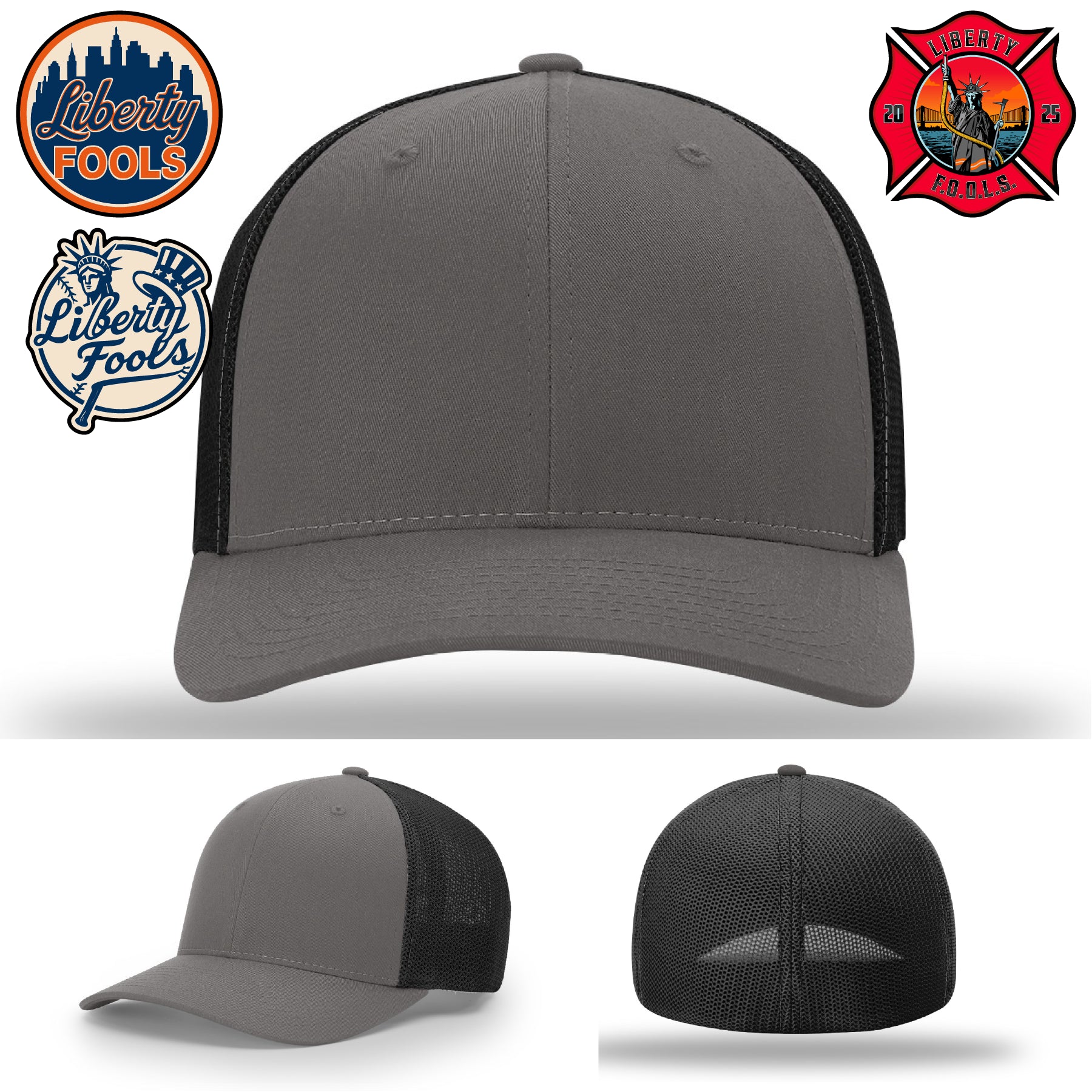 Liberty City FOOLS firefighter hat logo variants – variant display of Liberty FOOLS artwork.