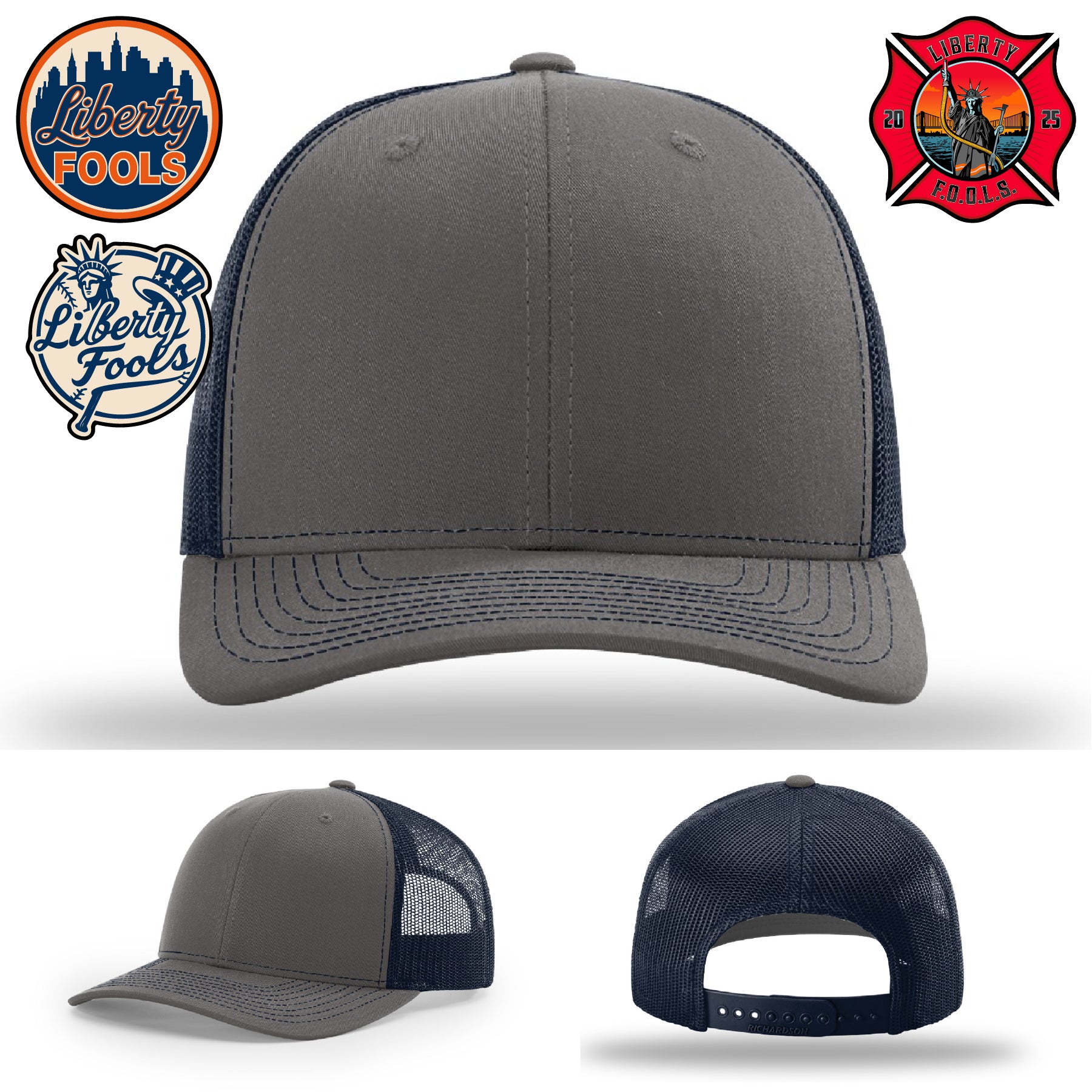 Liberty City FOOLS firefighter hat logo variants – design mockups for Liberty FOOLS apparel.
