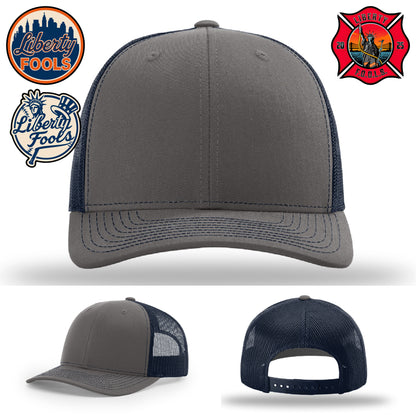 Liberty City FOOLS firefighter hat logo variants – design mockups for Liberty FOOLS apparel.