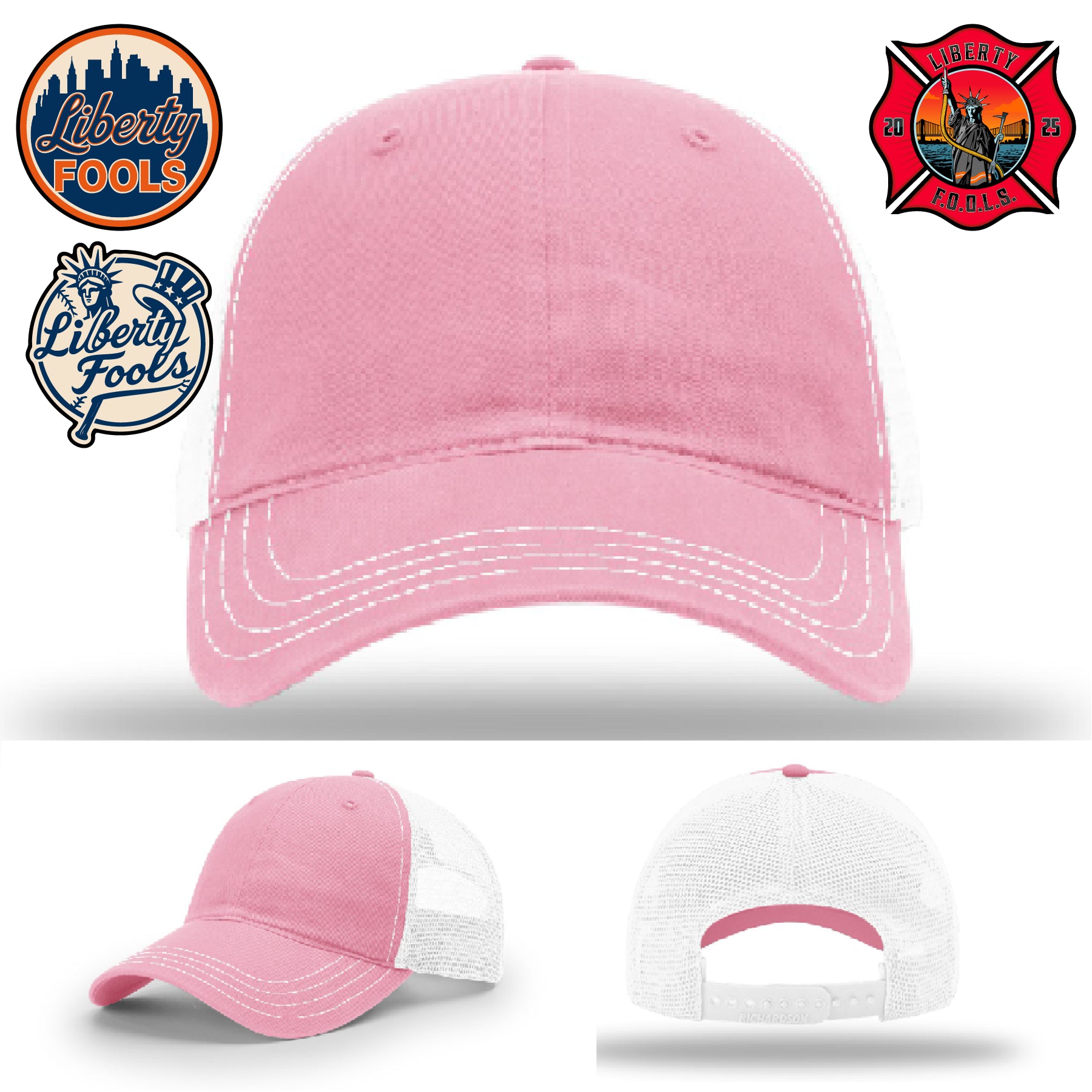 Liberty City FOOLS firefighter hat logo variants – examples of FOOLS patch alignment and color.