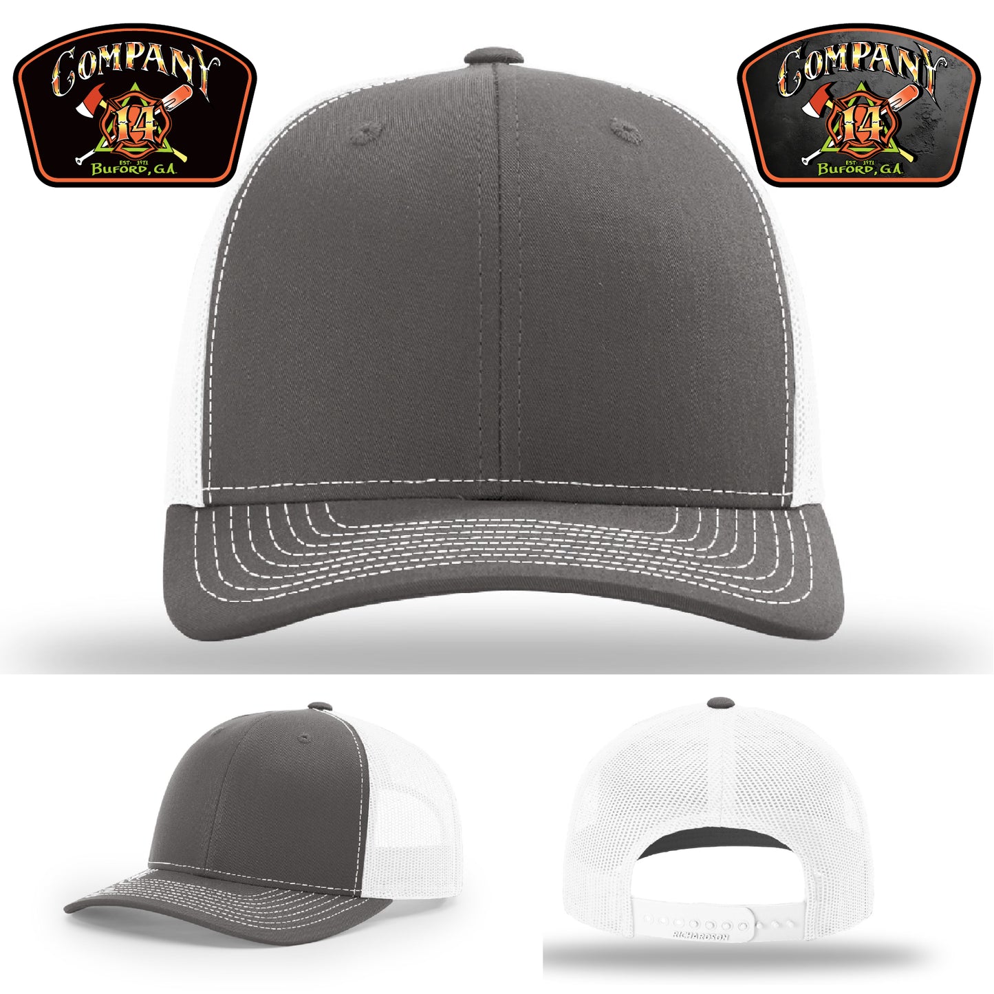 Company 14 firefighter leather patch hat honoring Buford’s fire service – made to represent your department