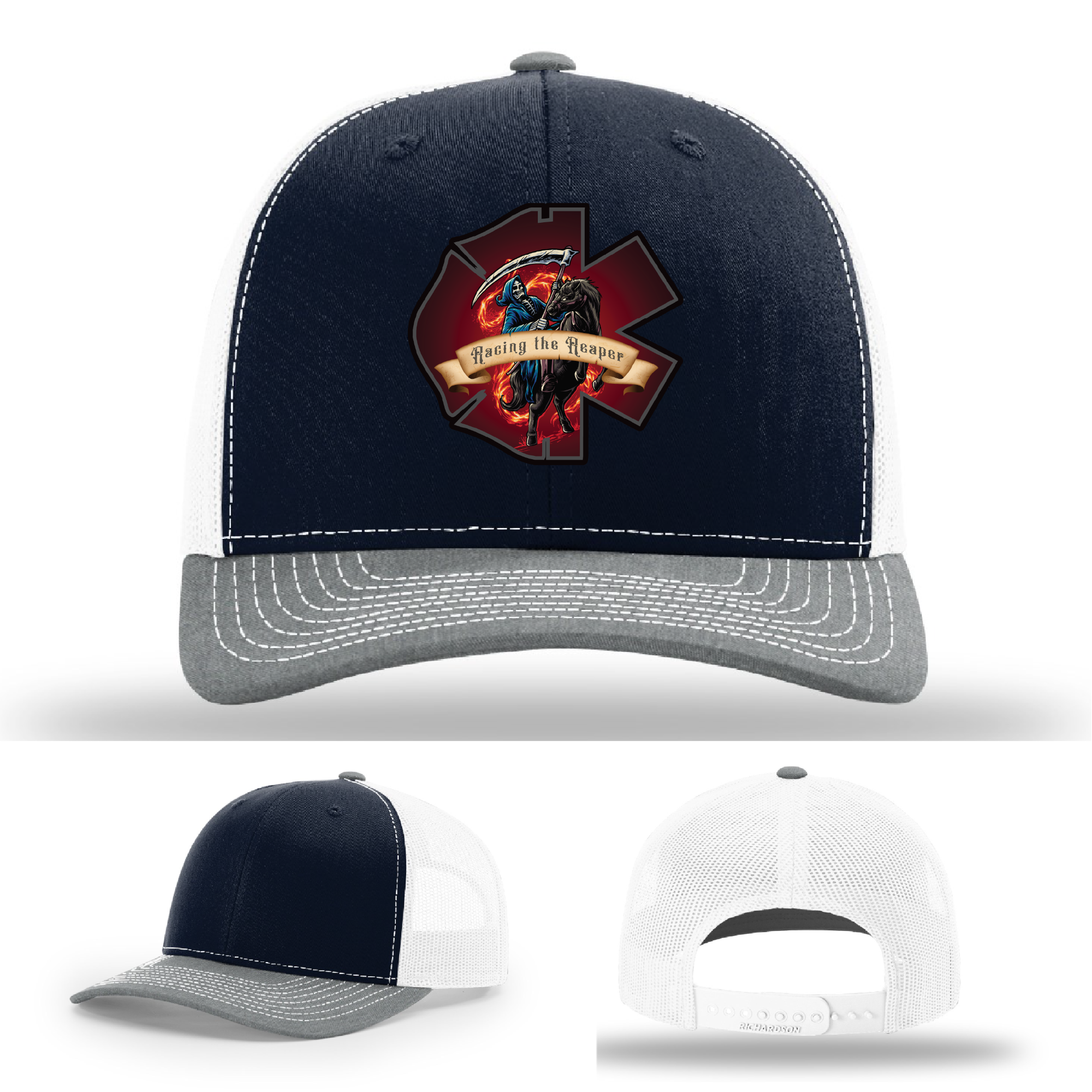 Multiple Racing the Reaper patch designs – shown on firefighter leather patch Richardson hats