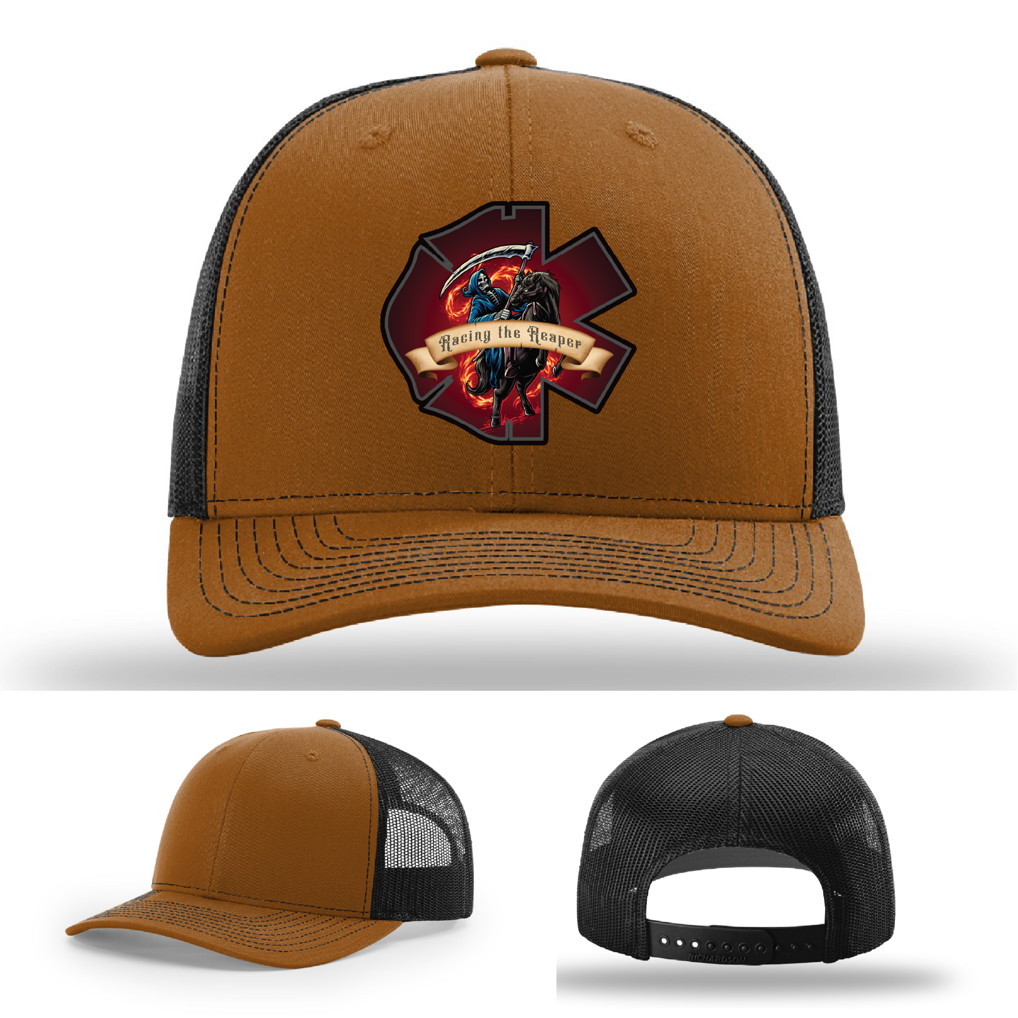 Firefighter hat styles – Racing the Reaper leather patch logos across Richardson variants