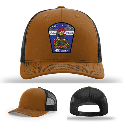 Bold firefighter hat design with patriotic fire helmet and hose layout – Colorado firefighter gear