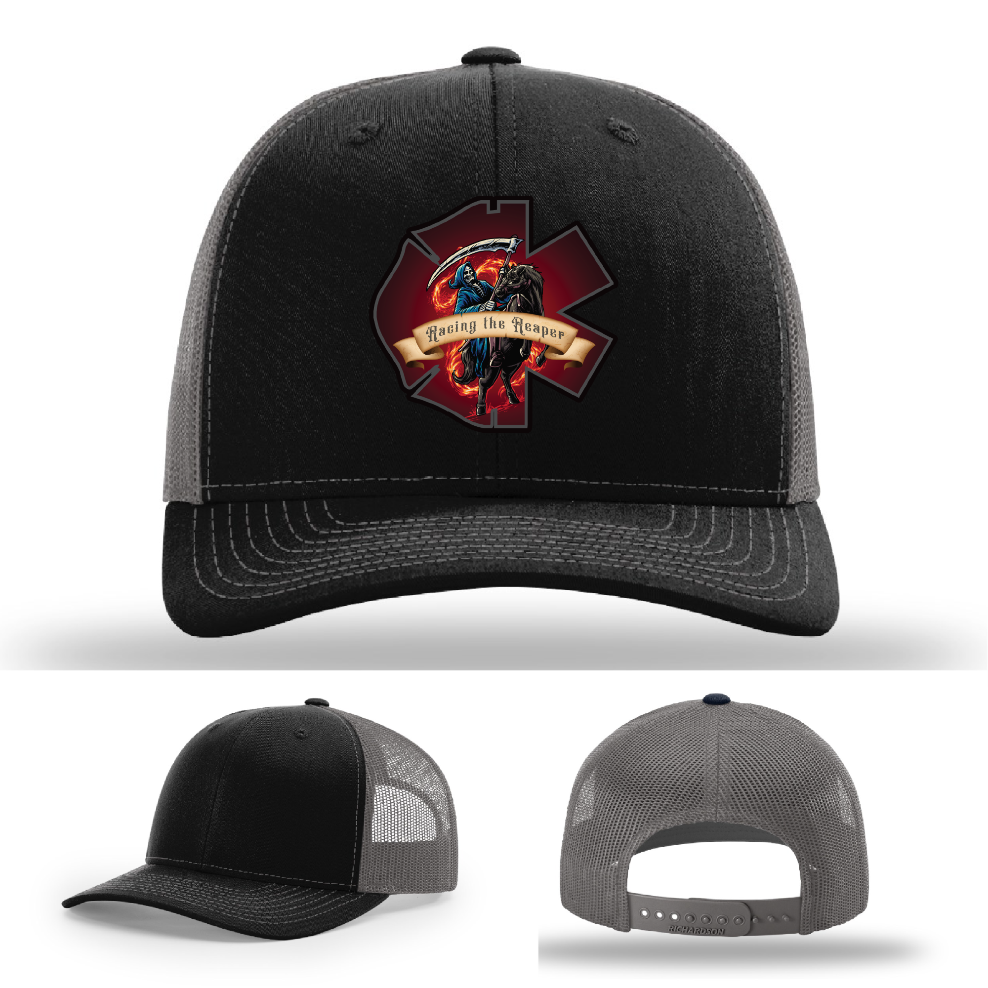 EMS patch variants – Racing the Reaper skull logos on Richardson firefighter hats