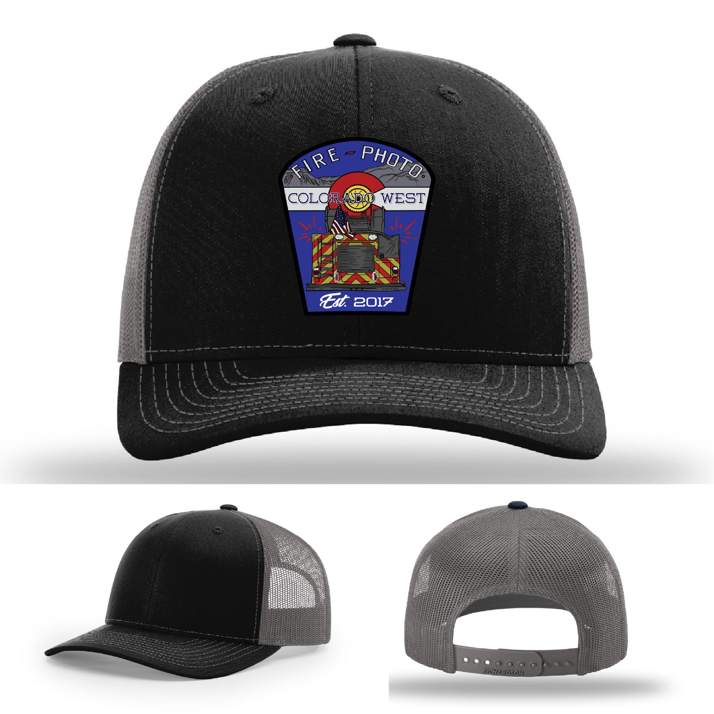 Custom firefighter hat featuring photo-inspired patch representing first responders – firefighter trucker hat