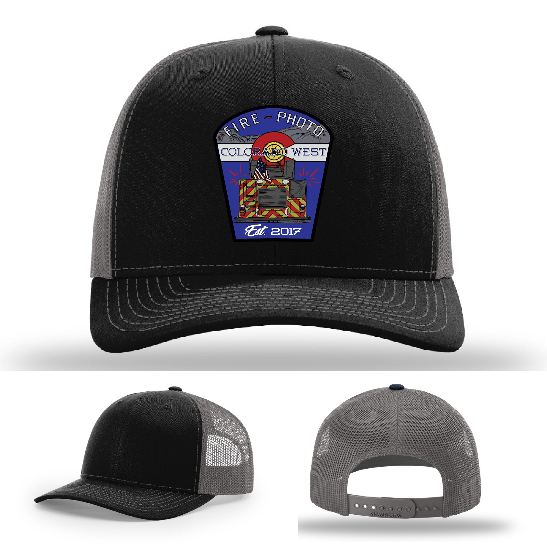 Custom firefighter hat featuring photo-inspired patch representing first responders – firefighter trucker hat