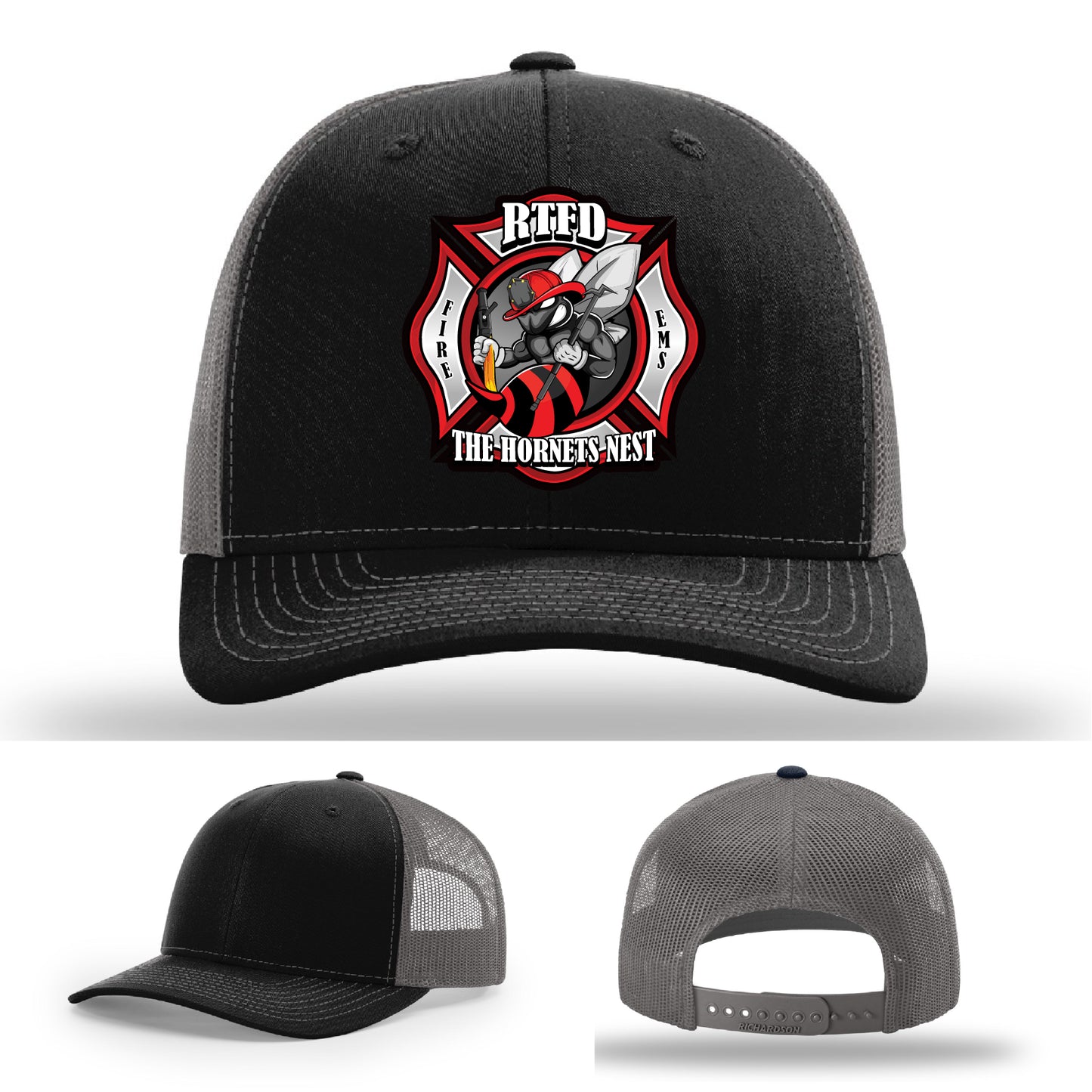 Custom fire department hat with RTFD Hornets Nest logo patch