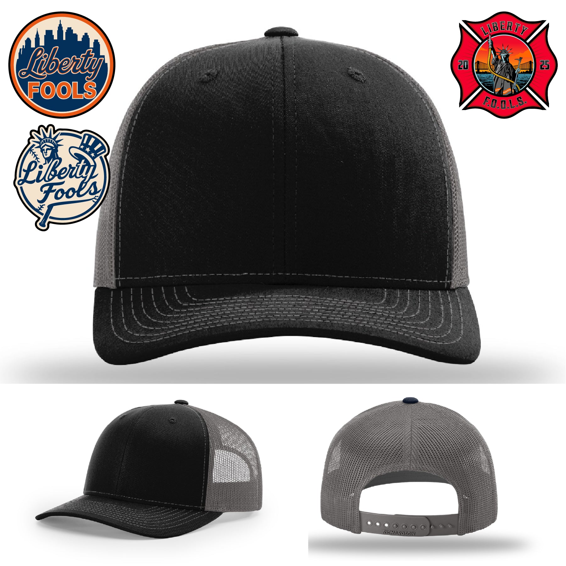 Liberty City FOOLS firefighter hat logo variants – FOOLS branding options shown on sample hats.