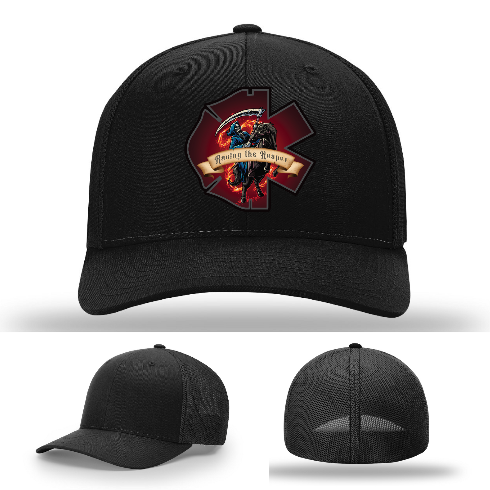 Firefighter leather patch hat variants – Racing the Reaper logos featuring Grim Reaper artwork on Richardson gear